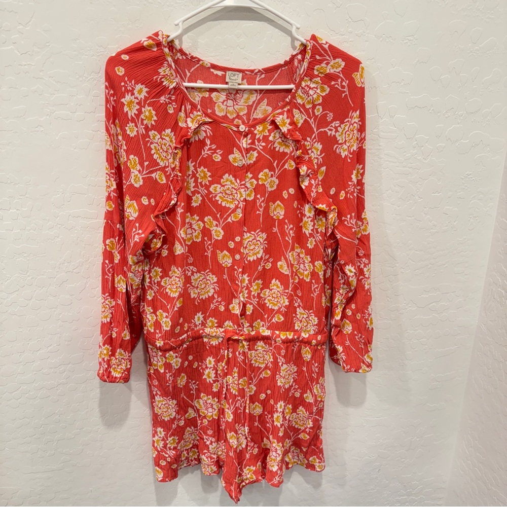 LOFT Beach Romper Womens Medium Coral White Yellow Floral Resortwear Vacation